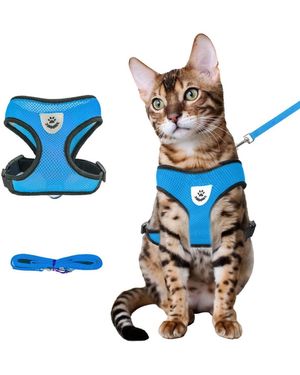 Aronkl Summer Cat Harness Leash Set Anti Escape Adjustable Soft Mesh Reflective Breathable Lightweight - Blue