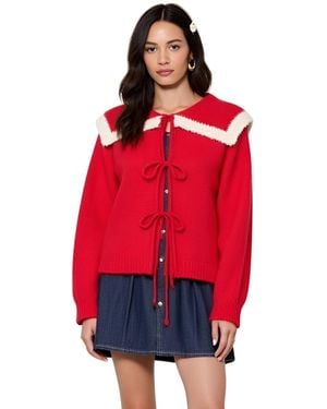 Modenaire Ruffle Collar Tie-front Knit Sweater - Red