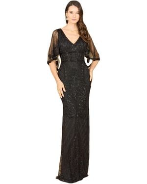 Lara Cape Sleeve V-neck Beaded Gown - Black