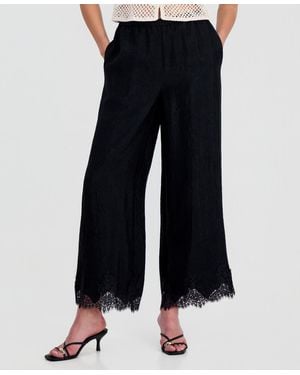 On 34th Crinkle Satin Lace-hem Pull-on Pants - Blue