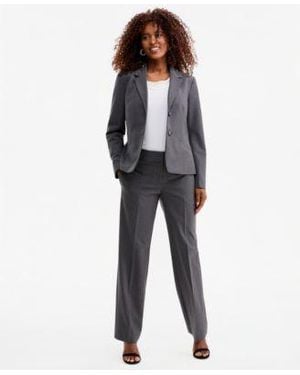 Kasper Washable Notch Collar Two Button Jacket Cowl Neck Cap Sleeve Top Mid Rise Fly Front Straight Pants - Gray