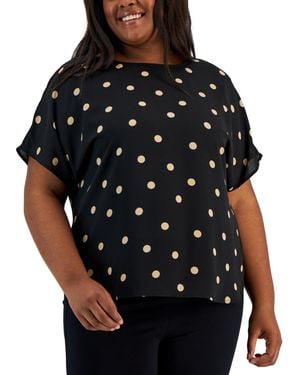 Anne Klein Plus Size Dot-print Bateau-neck Short-sleeve Blouse - Black