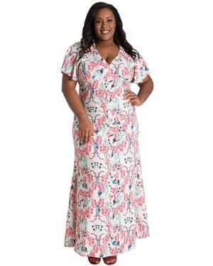 Poetic Justice Plus Size Butterfly Sleeve Peacock Print Maxi Dress - Red