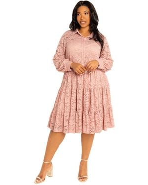 Buxom Couture Plus Size Lace Long Sleeve Tiered Shirt Dress - Pink