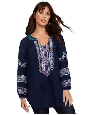 June + Vie June + Vie Plus Size Embroidered Peasant Blouse - Blue