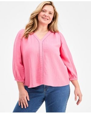 Style & Co. Plus Size Cotton Gauze V-neck Top - Pink