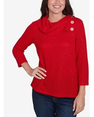 Ruby Rd. Petite Split Cowl Neck Sequin Knit Top - Red