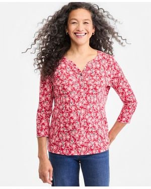 Style & Co. Petite 3/4-sleeve Floral-print Henley T-shirt - Red