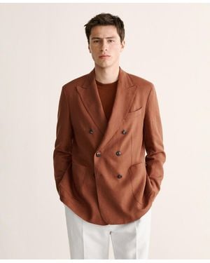 Mango Slim-fit Double-breasted Linen-blend Blazer - Brown