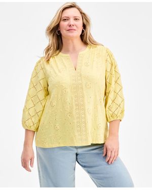 Style & Co. Plus Size Solid Split-neck Eyelet Top - Yellow