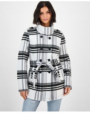Bcx Plaid Double-breasted Belted Jacket - Gray