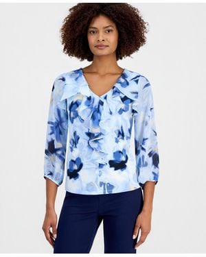 Anne Klein Printed Cascade Ruffle-front Top - Blue