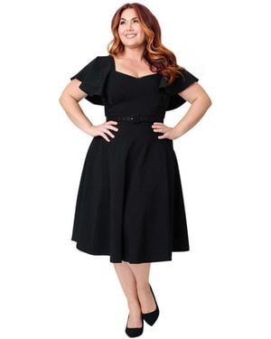 Unique Vintage Plus Size Flutter Sleeve Swing Dress - Black