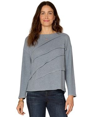 Democracy Petite Long-sleeve Boat Neck Mix Media Knit Top - Gray