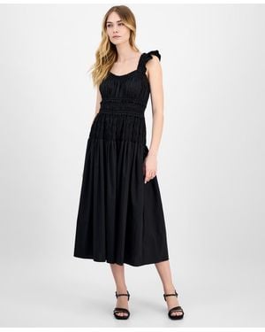 Anne Klein Smocked Ruffled-strap Midi Dress - Black