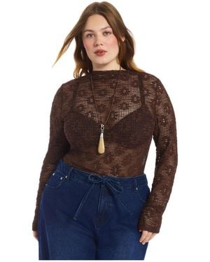 June + Vie Plus Size Floral Lace Mesh Funnel-neck Long-sleeve Top - Blue