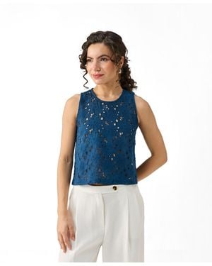REISTOR Embroidered Sleeveless Button-back Top - Blue