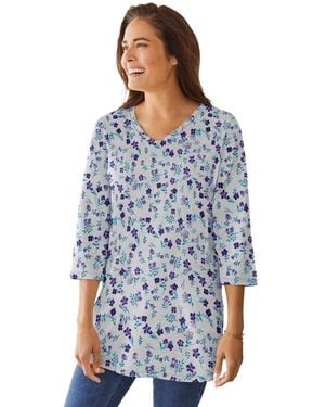 Woman Within Within Perfect Printed Three-quarter-sleeve V-neck Tunic - Blue