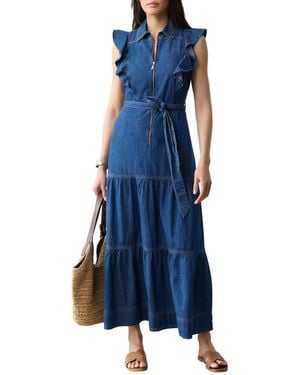 Mint Velvet Denim Ruffle Maxi Shirt Dress - Blue