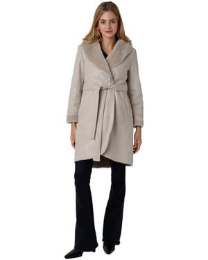 Via Spiga Belted Shawl Wrap Faux Shearling Coat - Natural