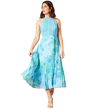 Oasis Printed Lace Mix Halterneck Midi Dress - Blue
