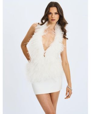 Miss Circle Quisten Feathered Plunging Halter Mini Dress - White