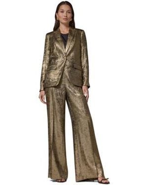 Donna Karan Statement Peak Lapel Velvet Blazer Wide Leg Pull On Metallic Pants - Green