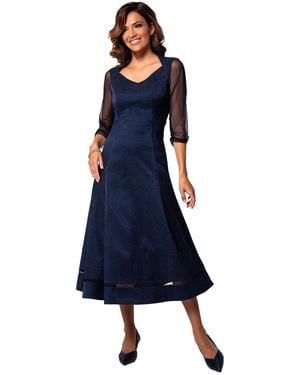 Luna Fashion House Lucy A-line Sweetheart V-neck 3/4 Sheer Sleeves Midi Dress - Blue