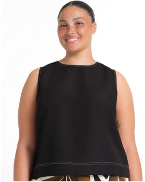Estelle Shae Linen Contrast Crew Tank Top - Black