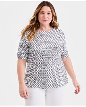 Style & Co. Plus Size Printed Boat-neck Elbow Sleeve Cotton Top - Gray