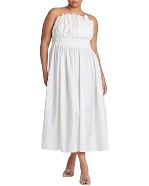 Eloquii Plus Size Pleated Ruffle Neckline Midi Dress - White