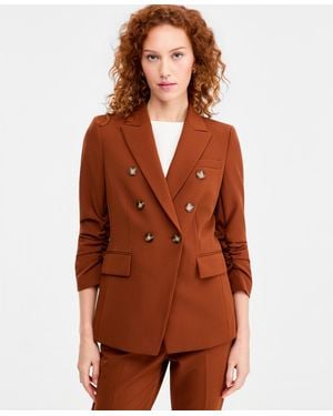Tahari Petite Ruched-sleeve One-button Blazer - Brown