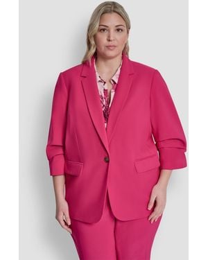 DKNY Plus Size 1-button Ruched-sleeve Blazer - Pink