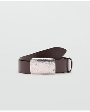 Mango Engraved Buckle Leather Belt - Brown