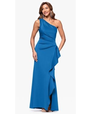 Xscape Ruffled One-shoulder Scuba Gown - Blue