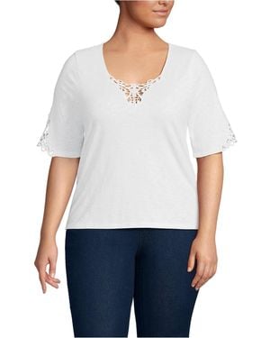 Lands' End Plus Size Elbow Sleeve Slub Lace Trim T-shirt - White