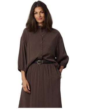 Cable & Gauge 3/4 Balloon-sleeve Band Collar Relaxed-fit Blouse - Brown