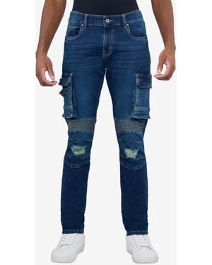 Raw X Slim Fit Moto Rip Repair Cargo Jeans - Blue