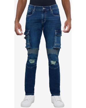 Raw X Slim Fit Moto Rip Repair Cargo Jeans - Blue