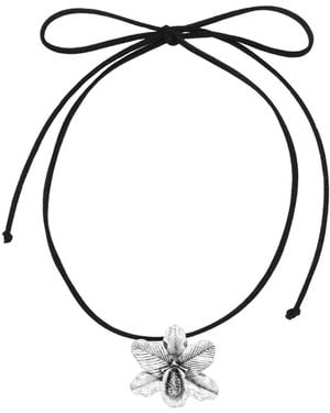 Velvet Luna Choker Suede Necklace With Orchid Pendant 13′′ - Metallic