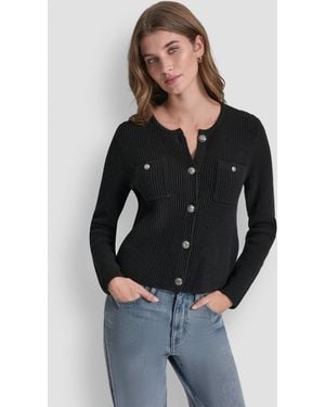 DKNY Petite Tuck Stitch Long-sleeve Cardigan - Black