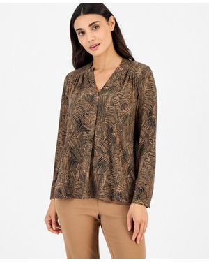 Anne Klein Essentials Petite Long-sleeve Split-neck Yoke Blouse - Brown