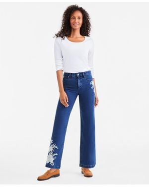 Style & Co. Petite Freya High-rise Wide-leg Floral-embroidered Jeans - Blue