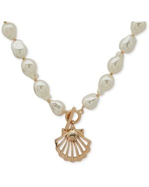 Anne Klein Gold-tone Shell Imitation Beaded Pendant Necklace - Metallic