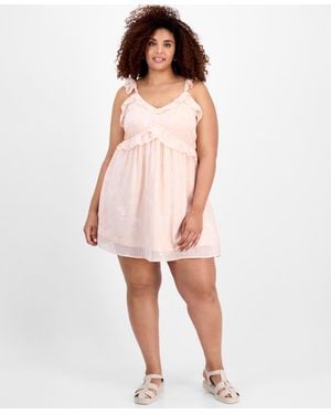 And Now This Trendy Plus Size V-neck Ruffle-trim Mini Dress - Pink