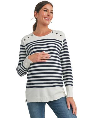 Hello Miss Maternity Striped Button Shoulder Nursing Sweater - Gray