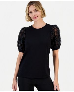 Anne Klein Serenity Knit Puff Sleeve Crewneck Top - Black
