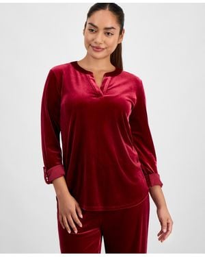 Anne Klein Essentials Ak Anne Klein Petite Velour Split-neck Top - Red