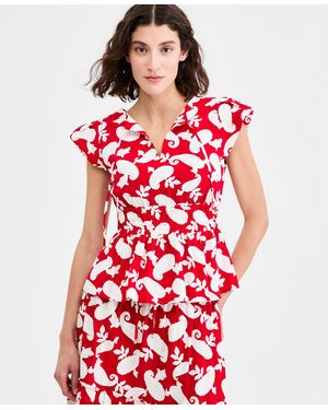 Nautica Bubble-sleeve Paisley-print Peplum Top - Red