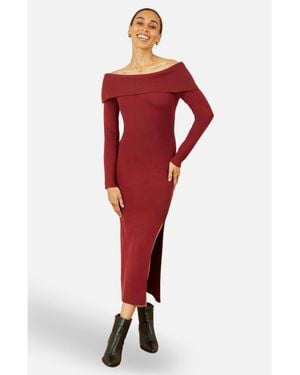 Yumi' Bardot Knitted Fitted Midi Dress - Red